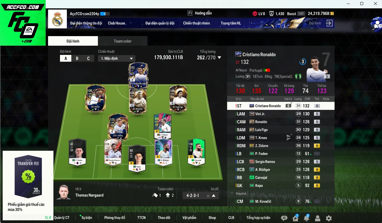 [Dư nhiều BP] Real Madrid 179.930b dư 24.200b có Rudiger SPL, CR7 TY25, Vini TS24, Kroos TS24, Ronaldo BDO, Zidane BTB, Ramos LD, Figo BDO